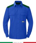 Two-tone multi-pro shirt, snap button closure, two chest pockets, coloured inserts on shoulders and inside collar, certified EN 1149-5, EN 13034, UNI EN ISO 14116:2008, color royal blue and red RU801APLT54.AZV
